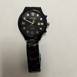 Geneva Mens Watch Stainless Steel Strap Black Color Formal Style New - Picture 1 of 4