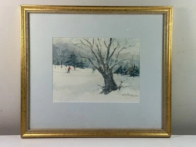 Hermosa pintura acuarela vintage esquí nieve invierno paisaje firmado y enmarcado Foto 1 de 4