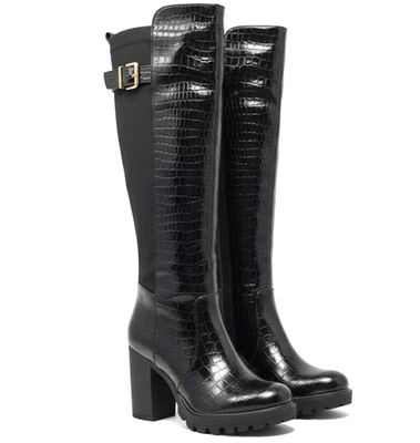 Knee High Boots Womens Black Stretch Chunky Heels Ladies Boot Shoes UK Size