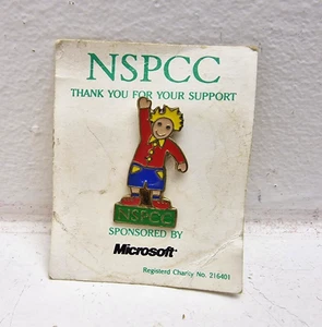 NSPCC Charity Enamel Pin Badge Boy Waving On Card Microsoft Sponsored 1990s - Picture 1 of 5