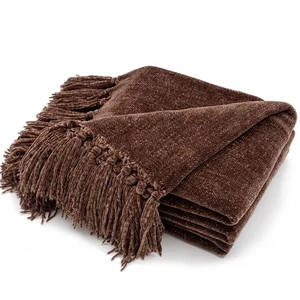 Chocolate Brown Chenille Throw Blanket with Fringe Tassels, 60x80 In - Picture 1 of 1