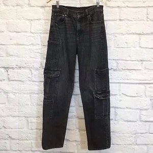 American Eagle 2 Super High Rise Baggy Straight Cargo Jeans Women’s Black - Picture 1 of 10