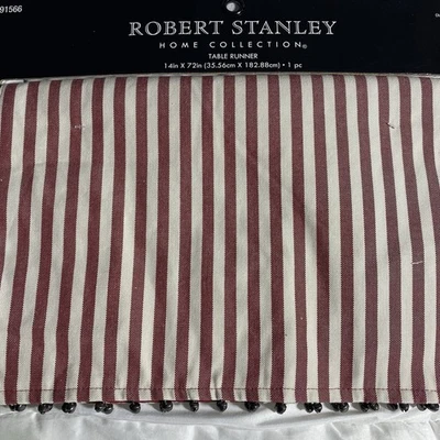Robert Stanley Striped Ticking Jingle Bell Table Runner 14”x72” Cottage Festival - Image 1 of 4