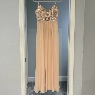 SUE WONG Nocturne Beaded Sequin Bodice Formal Maxi Dress Size 6 Pale Peach - Image 1 of 4