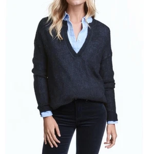 H&M Damen dunkelblau tiefer V-Ausschnitt Langarm Pullover Pulli Sweatshirt Gr. L - Bild 1 von 17