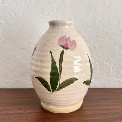 Jarrón de cerámica hecho a mano de colección 5" tulipán floral pintado a mano flores rosa Foto 1 de 4