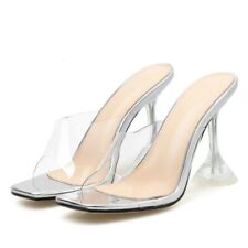 Lady High Heel Transparent Square Toe Sandals Slip On Shoes Party Dress Slipper