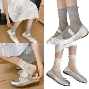 Breathable Mesh Socks with Ruffle Edge Frilly Turn Cuff Plain Middle Calf Socks - Picture 1 of 13