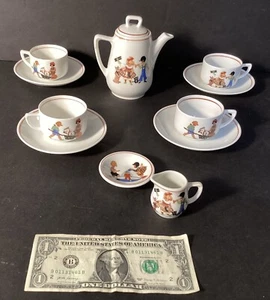 Antique Child's Porcelain Tea Pot, 4 Cups/saucers, Tiny Pitcher & Sugar Dish - Picture 1 of 8