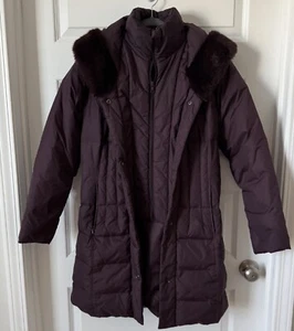 Larry Levine Winter Down Coat Burgundy/Wine Quilted Faux Fur Hood Long Puffer- S - Picture 1 of 8