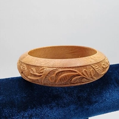 Brazalete Brazalete De Colección Artesano Tallado Madera Hoja Floral Intrincado Patrón 8" Foto 1 de 4