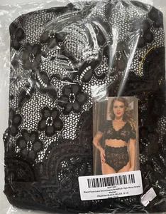 Black 2 Piece Lace Crop Short Sleeves Bralette High Waist Brief Set LARGE 12/14 - Picture 1 of 6