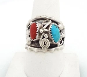 LUCY C - Turquoise & Coral Ring - Vintage Navajo Sterling Silver -SZ 9.75 ~#6098 - Bild 1 von 6