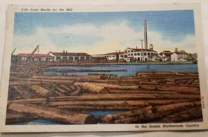 Cartolina in lino anni '50 Curteich Art-Colortone mulino bordo bianco Northwoods - Foto 1 di 10