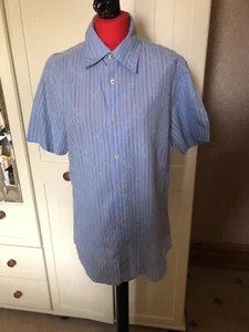 NEXT Men's Blue Brown Stripe Embroidered Short Sleeve Cotton Shirt Size M - Picture 1 of 9