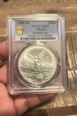 1996 Mexico Libertad 1 oz  Silver  MS67 PCGS Gold Shield  300k De Acuñaciones - Image 1 of 4