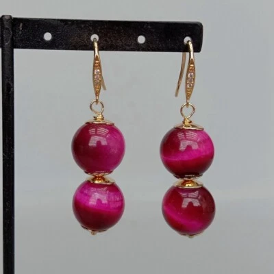 Pendientes colgantes de ojo de tigre natural Y·ying color fucsia para mujer Foto 1 de 4