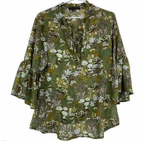 Caroline Morgan Womens Size 10 Green Floral Semi See-Through 3/4 Flounce Sleeves - Picture 1 of 5