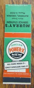 1957 MURRAY'S SINCLAIR GAS STATION MATCHBOOK MATCHCOVER: MATHEWS, VIRGINIA -C20 - Picture 1 of 1