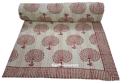 Hand Block Printed Cotton Kantha Bedcover Reversible Quilted Bedspread Quilt - Image 1 of 4