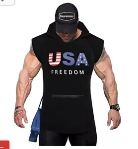 Daupanzees Men's USA Freedom Workout Black Sleeveless Muscle Hoodie (S) - Picture 1 of 7