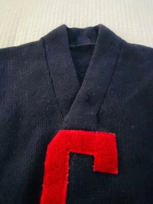 Vintage 1920's-30's Shawl Collar Pullover Letterman Sweater Navy Blue Wool Red C - Image 1 of 4