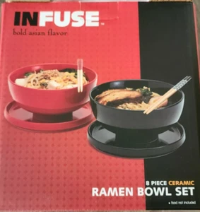 INFUSE Ceramic 2 Asian Ramen Bowl Set w/ Lids & 4 Bamboo Chopsticks Black & Red - Picture 1 of 4