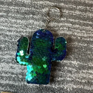 Cactus Sequins Keychain Blue Green Keyring Black Double Side Cute Cacti Gift New - Picture 1 of 5