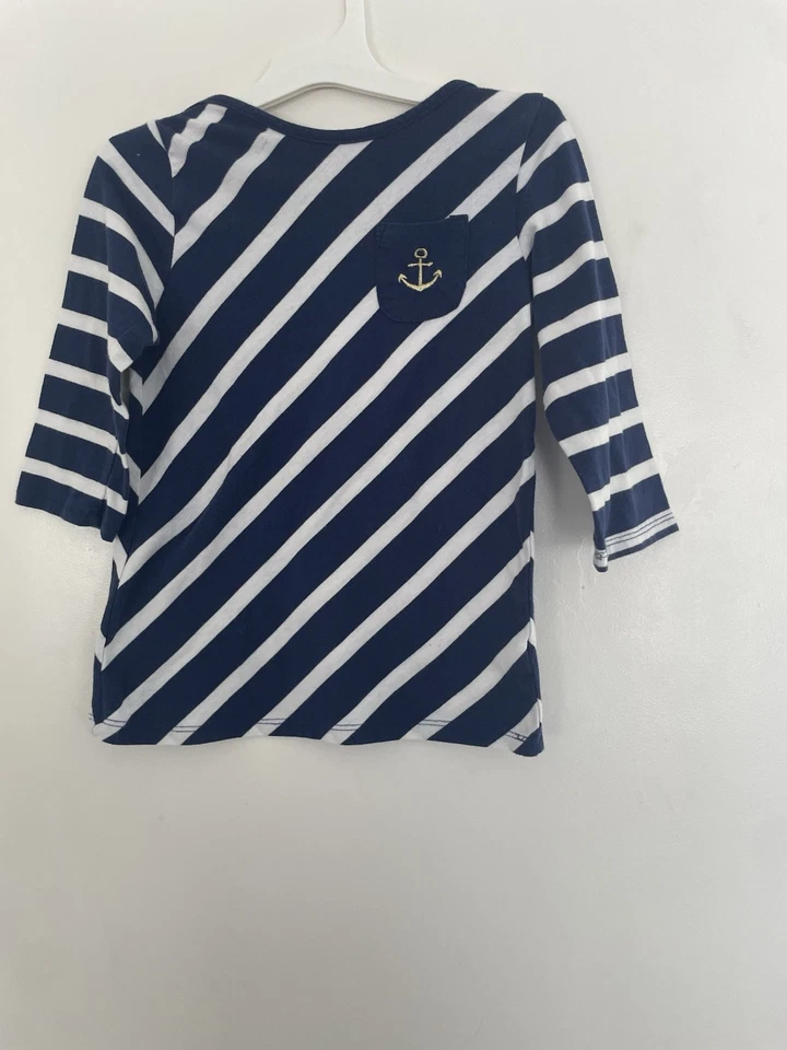 Poof Girl Kids Gold Embroidered Anchor Striped Boatneck 3/4 Sleeve Shirt Navy 6X - Image 1 of 4