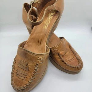 Buskens "Rita" Women 7M Tan Wedge Sandals Made in Brazil Excellent Vintage Rare - Picture 1 of 12