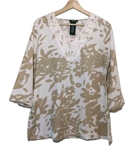 Premise Linen Blend Tunic Blouse Tan White Embroidered Small NWT Tropical Boho - Picture 1 of 12