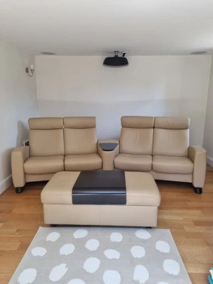 Stressless 4 Person Recliner Cinema Seats/Sofa & Double Ottoman [Beige Leather] - Image 1 of 4