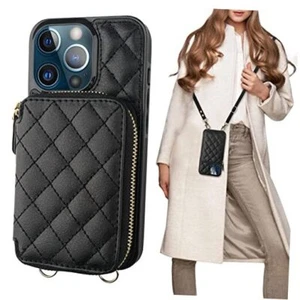 Crossbody Wallet Case for iPhone 13 Pro, RFID Blocking PU Leather Zipper Black - Picture 1 of 7