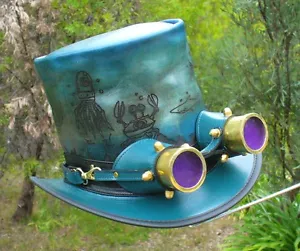 BLUE LEATHER HAND ETCHED STEAMPUNK / RETRO TOP HAT / COSPLAY AVIATOR GOGGLES  - Picture 1 of 3