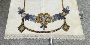 Arts & Crafts Vintage Embroidered Linen Doily Fringe Runner Tablecloth 49" x 22" - Picture 1 of 24