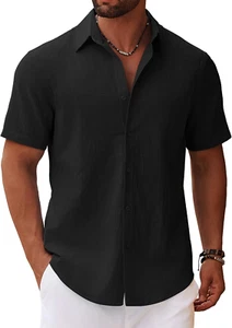 Men'S Button down Short Sleeve Shirt Casual Cotton Summer Beach Linen Wedding Sh - Picture 1 of 12