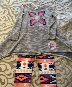 NWT Mallory May Girl's Long Sleeve Pant Set Navy Pink Flower Aztec Print Size 8 - Picture 1 of 10