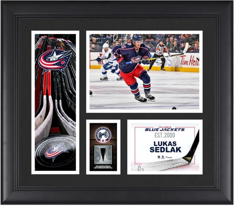 Lukas Sedlak Columbus Blue Jackets Framed 15x17 Collage & Piece of G-U Puck Cover
