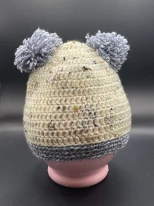 Crochet handmade baby beanie hat, Baby, Fuzzy White and Grey pompoms, 3+ months - Picture 1 of 2