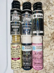 LOT OF 6 FOLKART AND MARTHA STEWART GLITTER AND CRACKLE ACRYLIC CRAFT PAINT NEW - Picture 1 of 1