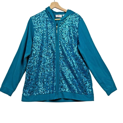 Quacker Factory Full Zip Jacket Teal Sequin Embellished Hooded Size Large NWOT - Image 1 of 4