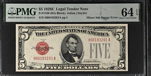 1928E $5 Legal Tender Fr#1530 Minor Ink Smear Error - PMG 64 Choice Uncirculated - Picture 1 of 4