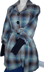 Fab numph blue check wool blend belted retro coat size 8 - Picture 1 of 8