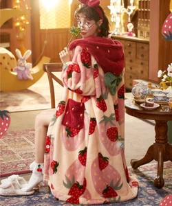 Strawberry Mochi Plush Sleep Robe | Women Soft Fleece Nightgown Pajama One Piece - Picture 1 of 7