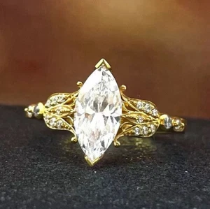 Art Nouveau 3Ct Marquise moissanite 14k Solid Yellow Gold Engagement Ring - Picture 1 of 8