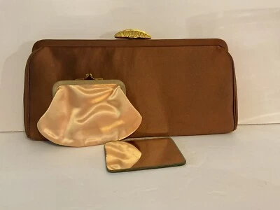 Vtg Brown Satin Rhinestone Clutch Evening Bag + Coin Purse Morris Moskowitz MM - Image 1 of 4