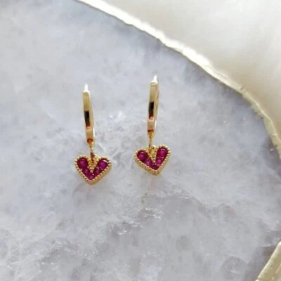 1.60 Ct Round Cut Simulated Ruby Heart Hoop Earrings 14K Yellow Gold Over Silver - Image 1 of 4