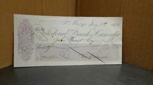 DE COLECCIÓN 1884 CHEMUNG BANCO FEDERAL DE CANADÁ CHEQUE EFECTIVO - Imagen 1 de 2