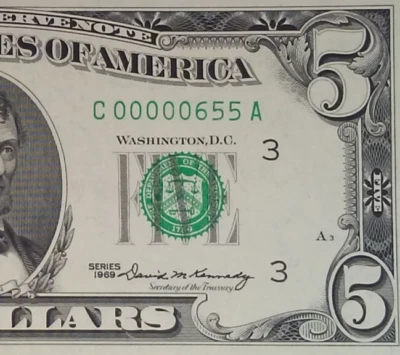 ((3 DIGIT)) $5 1969 (CHOICE/ GEM) FEDERAL RESERVE NOTE ** PAPER CURRENCY - Image 1 of 3