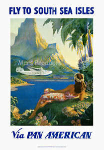 Fly to the South Sea Isles Tropical 1940s Vintage Style Travel Poster 16x24